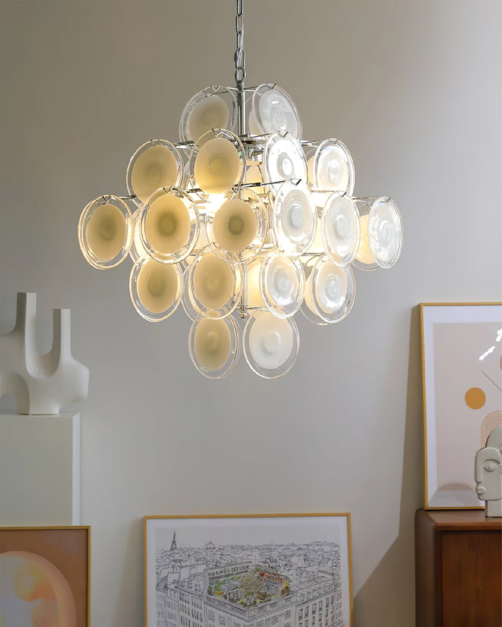 Murano Disc White Glass Chandelier
