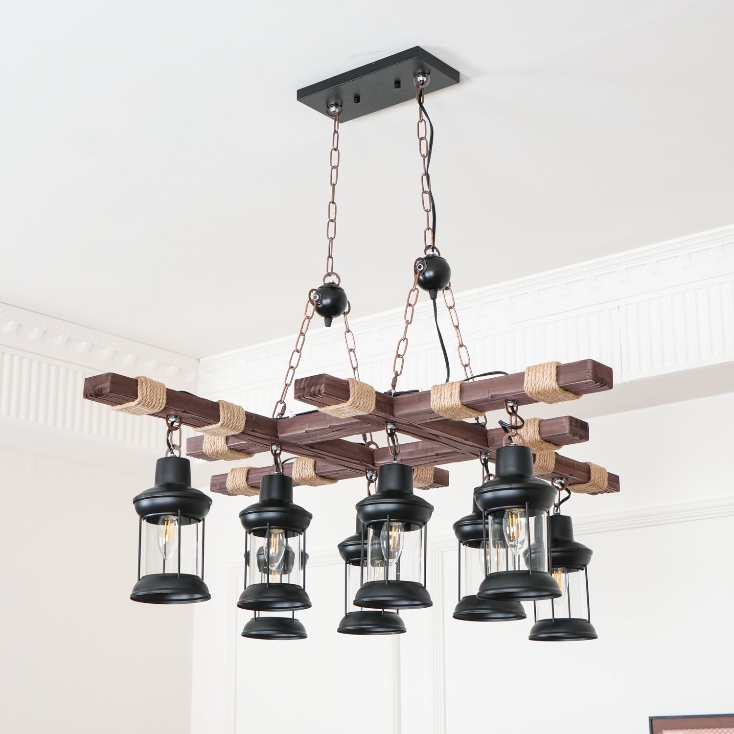 Vintage Wood Glass Ceiling fixture Chandeliers